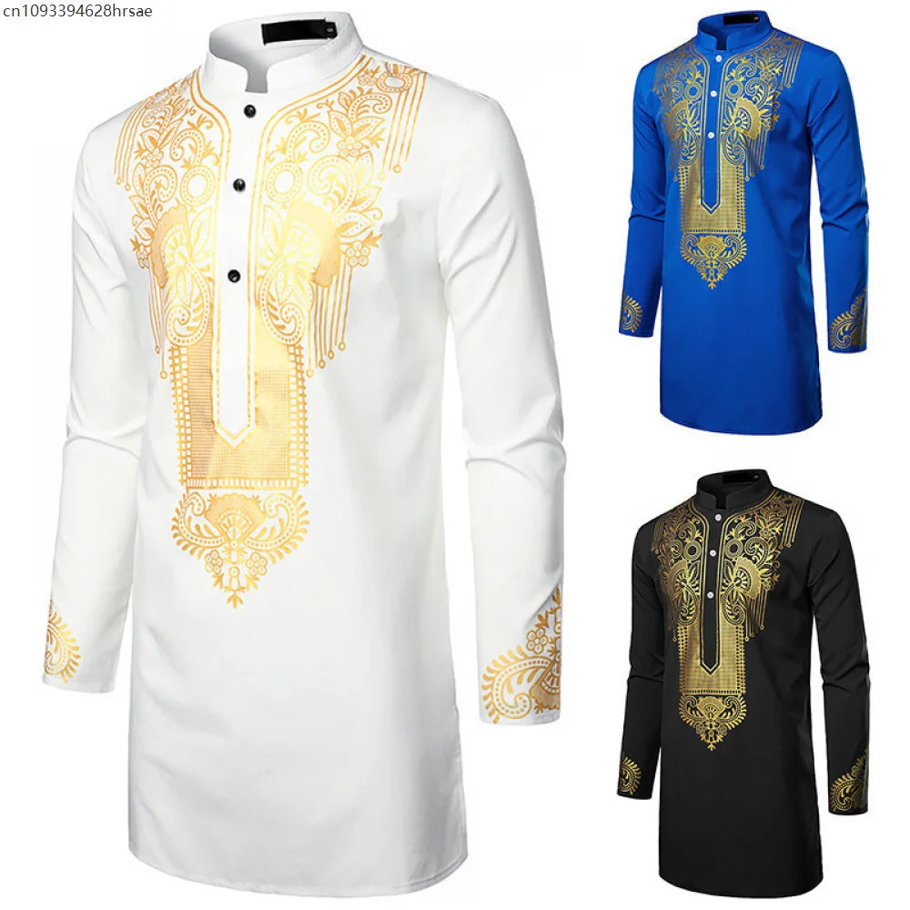 Men's Traditional African Shirt Print Golden Flowers Long Sleeve Shirt Ethnic Casual Outfits Wedding African Streetwear