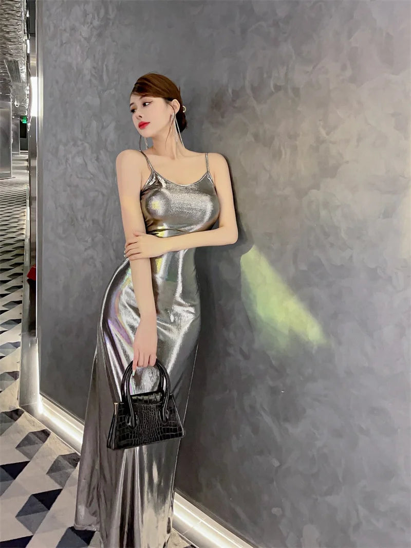 Sexy Style Light Luxury Spicy Girl Liquid Bright Female Korean Indie Style Silver Dress Elegant Party Fashion TemperamentBMI6