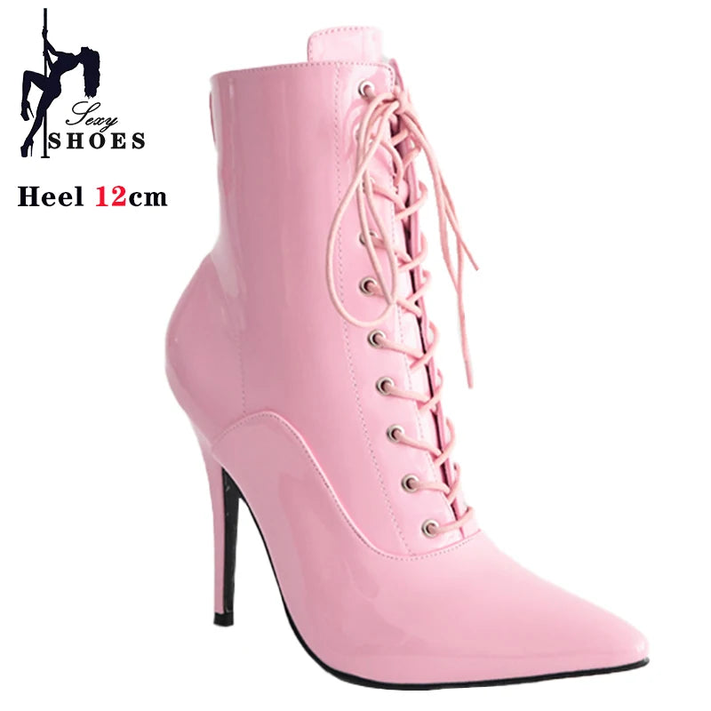 Cross-tied Pink Pointed Toe Ankle Boots 12cm Sexy Fetish Stripper Shoes Patent Leather ZIP Short Boots Women Heels Plus Size 46