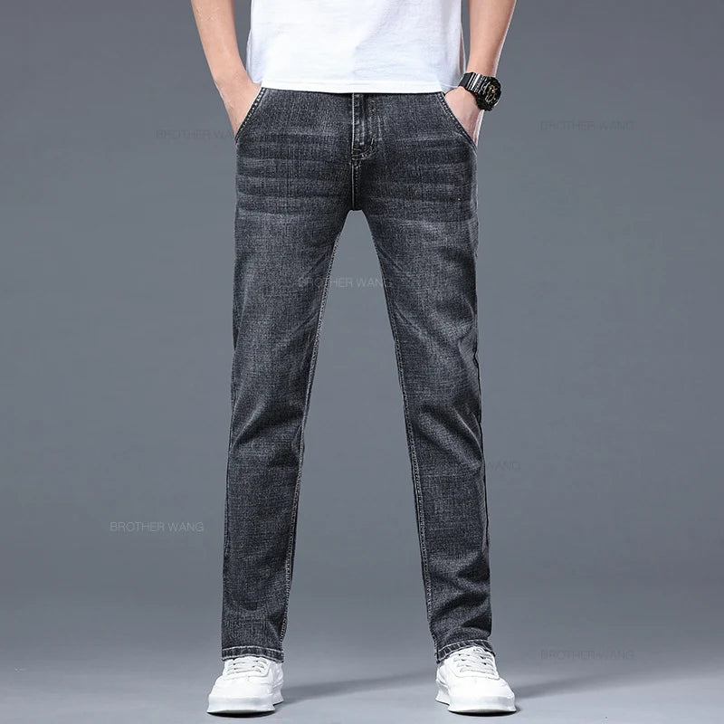 Classic Summer Men's Thin Stretch Fit Jeans Business Casual Slim Fit Denim Pants Soft Fabric High Quality Straight Leg Trousers