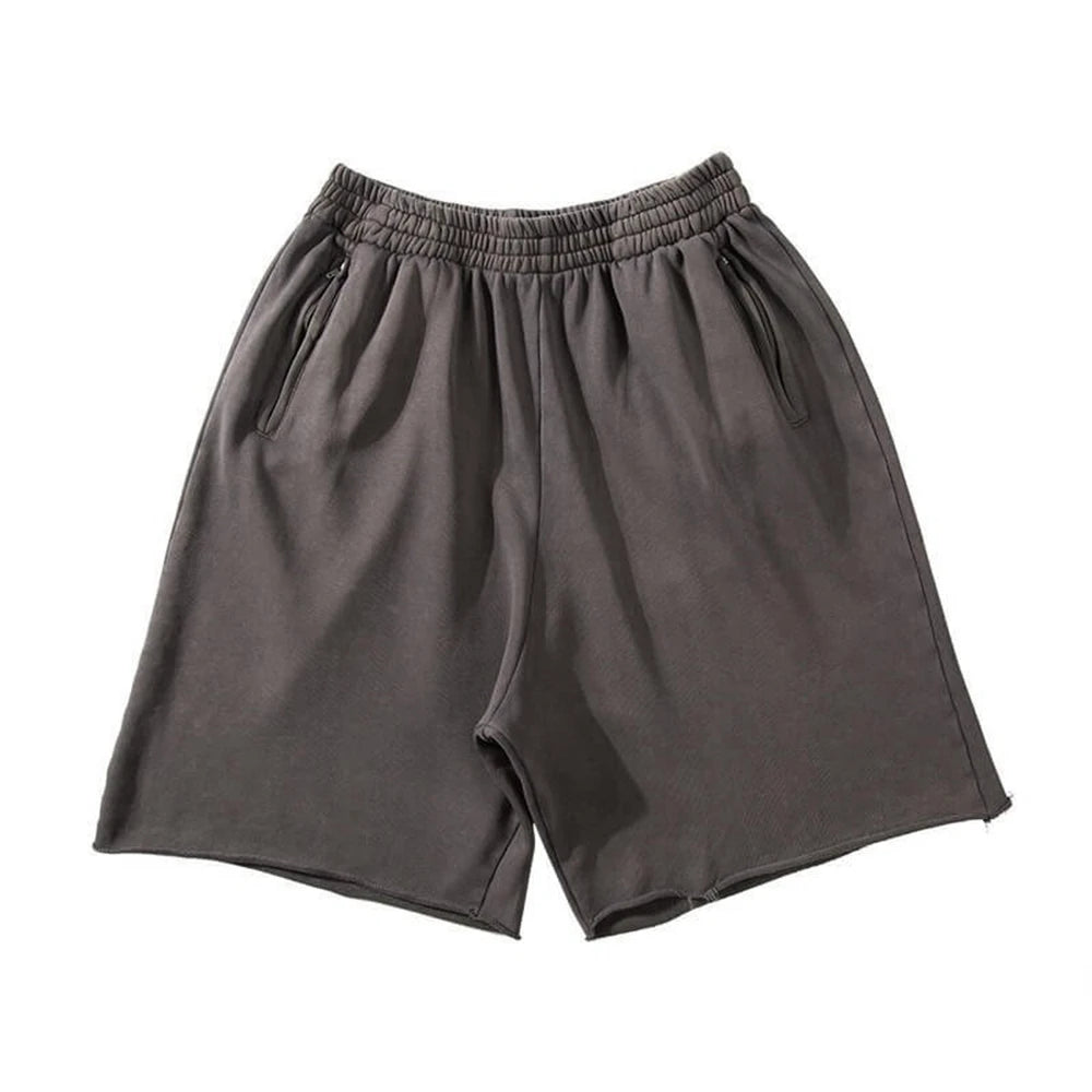 Men Cotton Shorts Thick 380g Bodybuilding Short Sweatpants Fitness Jogger Gym Men Kanye Grey West Shorts Black Zipper Pockets