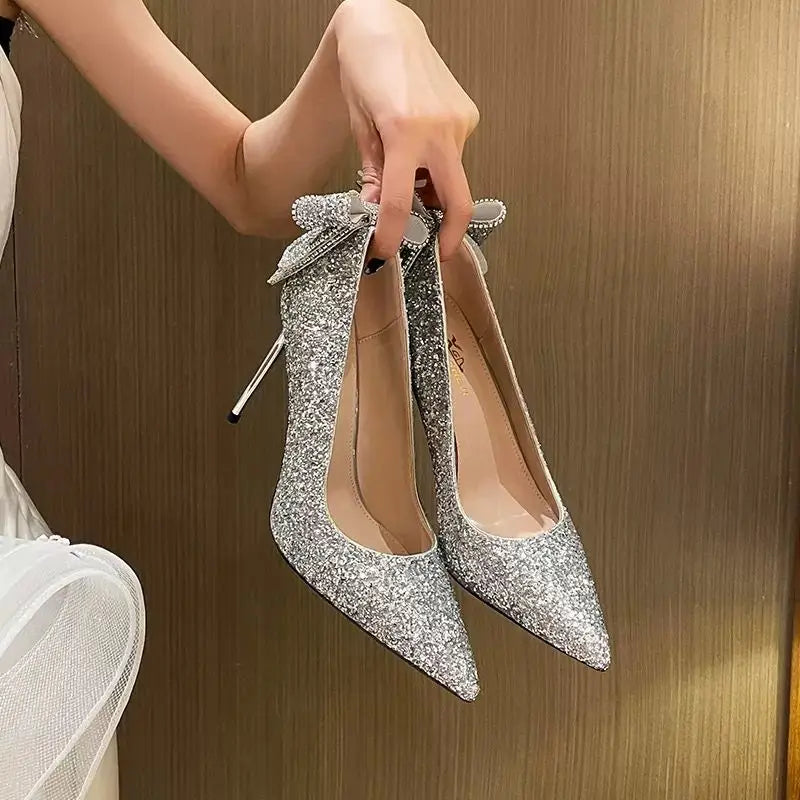 Shoes for Woman 2025 Stilito Silver Women's Summer Footwear Wedding Bride Shoe Rhinestone Pointed Toe Super High Heel Diamond 39