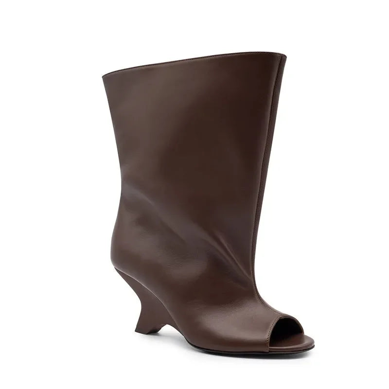 2025 European AndAmerican Nichedesign Versatileopen Toe Long Tube Cool Boots for Women, Crocodile Patterned Irregular High Heels