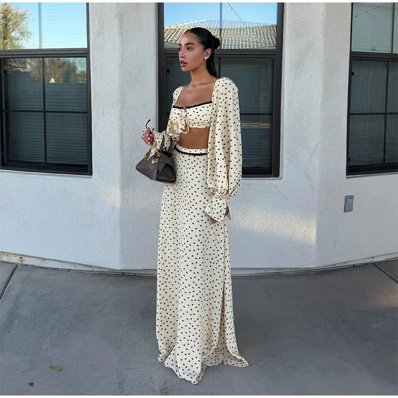 Elegant Female 2 Piece Skirt Set Polka Dots Printed Suit Cropped Short Sleeves Square Neck Top Slit High Waist Skirt Vintage Set