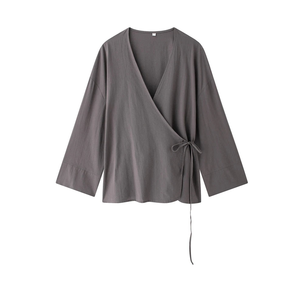 Women Fashion With Tied Loose Kimono Blouses And High Elastic Waist Side Pockets Pants Female Two Piece Sets Mujer BAZAARHUBO