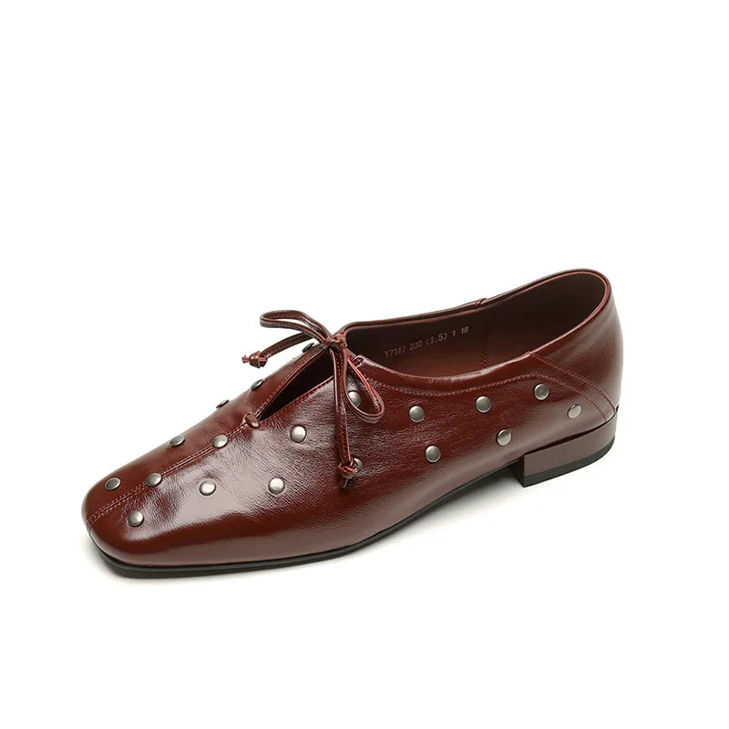 Dilalula 2025 Spring Genuine Leather Rivet Pumps Women Lace Up Low Thick Heels Soft Back Young Women Leather Leisure Pumps