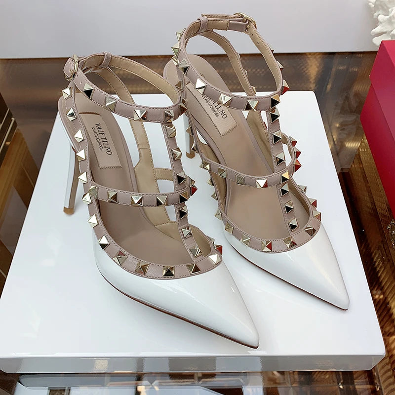 Nude Women's Gladiator sandals Summer 2025 Luxury With Ankle Strap Pointed Toe Fashion Rivet High Heels Party Ladies Shoes Women