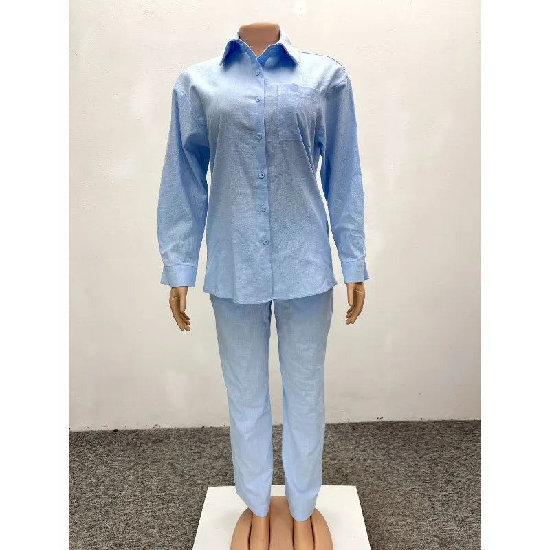 African Style Women 2 Piece Casual Outfits Blue Button Shirt & Wide Leg Pants Set Elegant Daily Streetwear Loose Loungewear