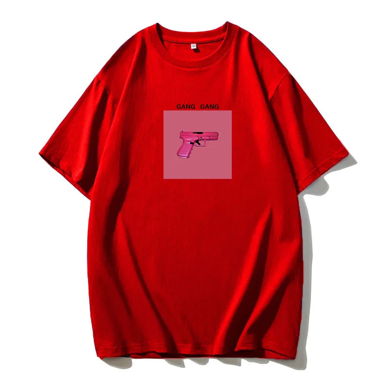 Hirsionsan 100% Cotton Pink Print T Shirt Women 2024 Summer New Basic Vintage Tee Casual Loose Chic O Neck Female Couple Tops