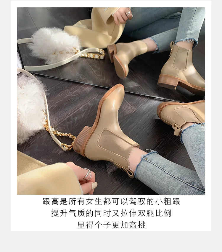 2026 Autumn/Winter Ankle Boots Women Basic Chelsea Botas Mujer Low Thick Heels Short Booties PU Leather Slip On Stretch Botines