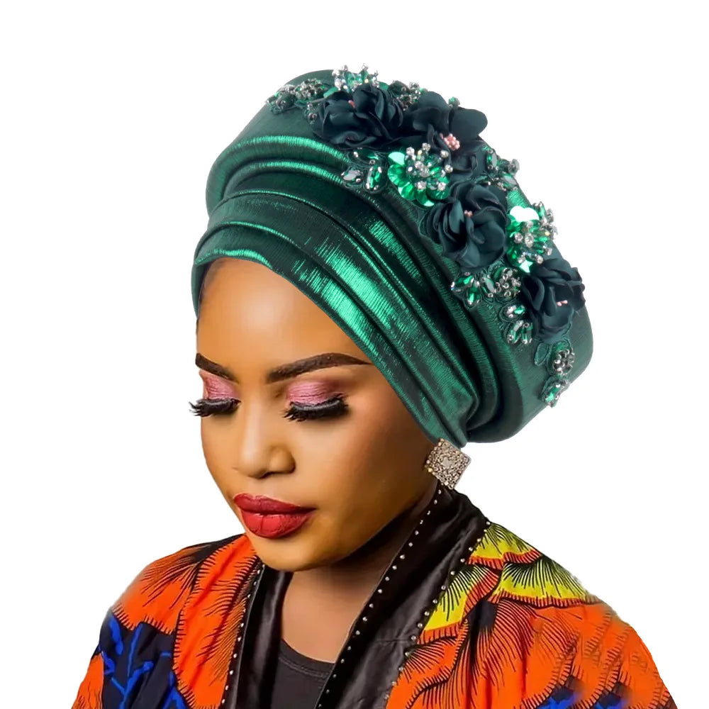 African Women's Turban Cap Diamond Flower Nigeria Auto Gele Headtie Already Made Wedding Geles Female Head Wraps Hat Party Mujer
