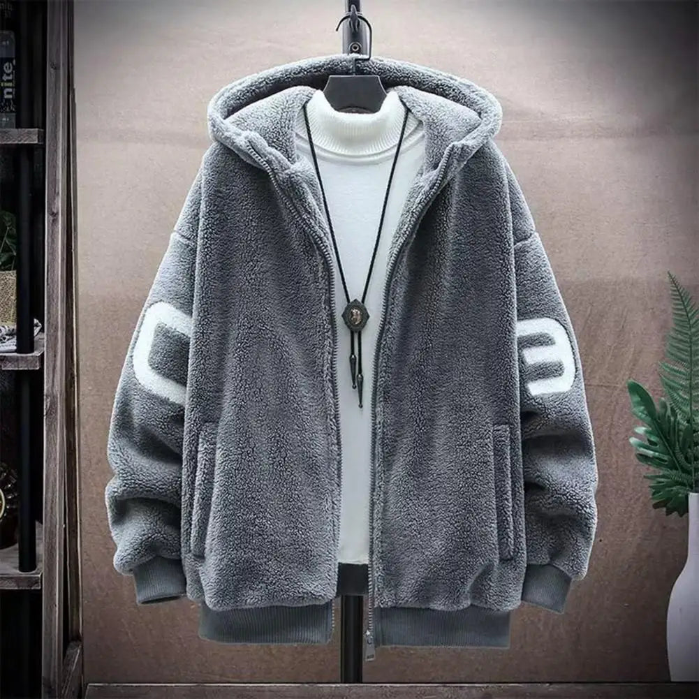 Faux Sherpa Thickened Men Jacket Zipper Closure Pockets Hooded Jackets Casual Thickened Sherpa Lining Winter Warm Men's Jackets