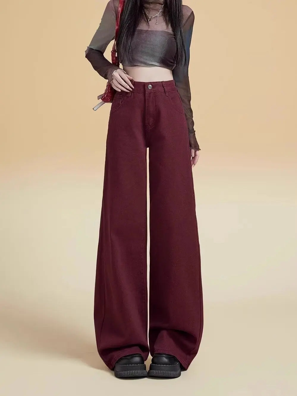 Women's Street Style Wide Leg Red Jeans American Vintage Casual Denim Trousers Female High Waist Loose Straight Pants