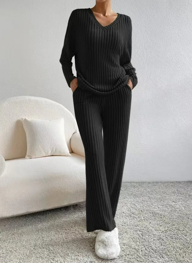 Fashionable Knitted Two-Piece Set Casual V-Neck Long Pants Autumn Winter New Style Loose Fit Korean Style Comfortable Polyester