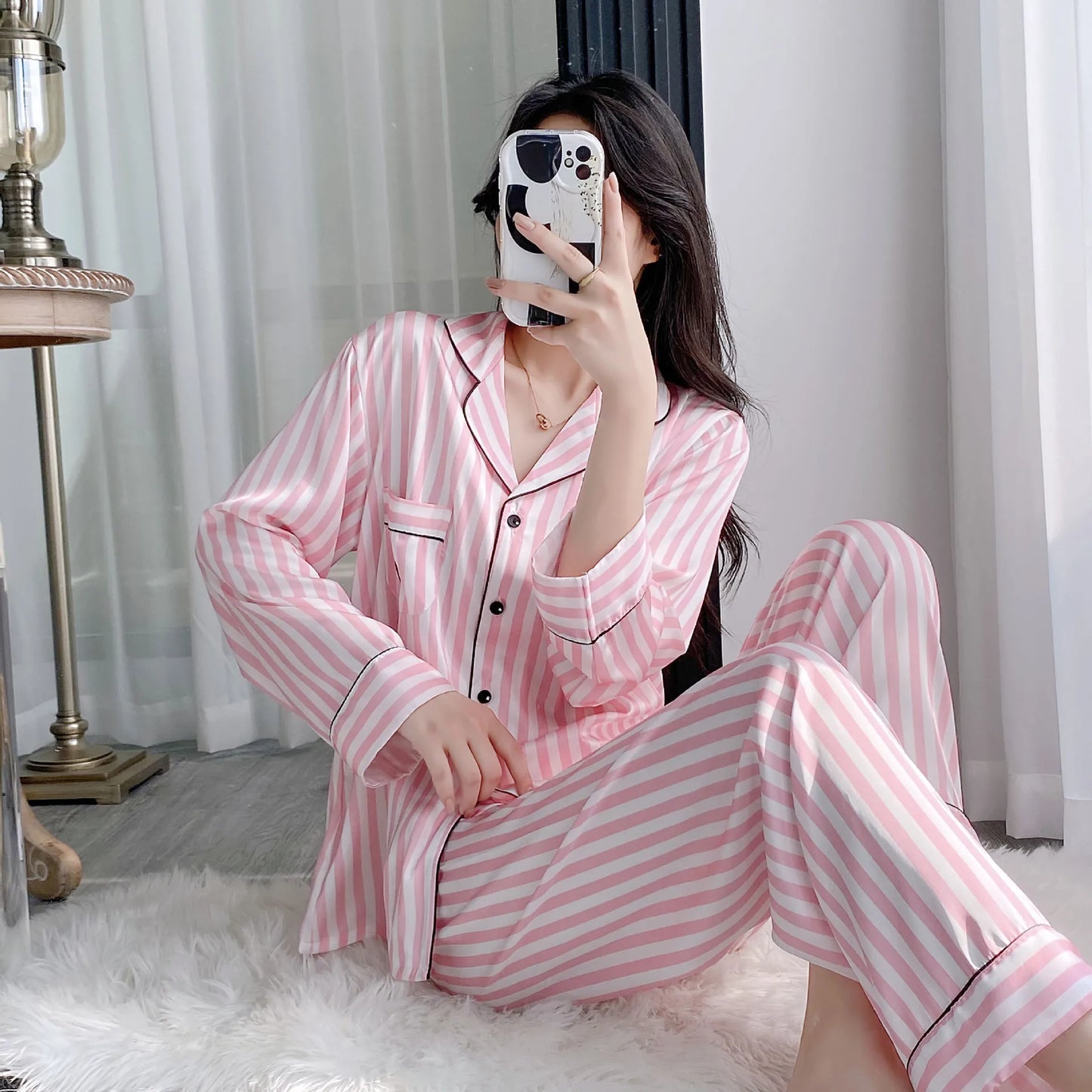 Silky Satin Pajama For Women Striped 2PCS Sleep Set Homewear 2025 Spring New Long Sleeve Trouser Suits Loungewear Nightwear