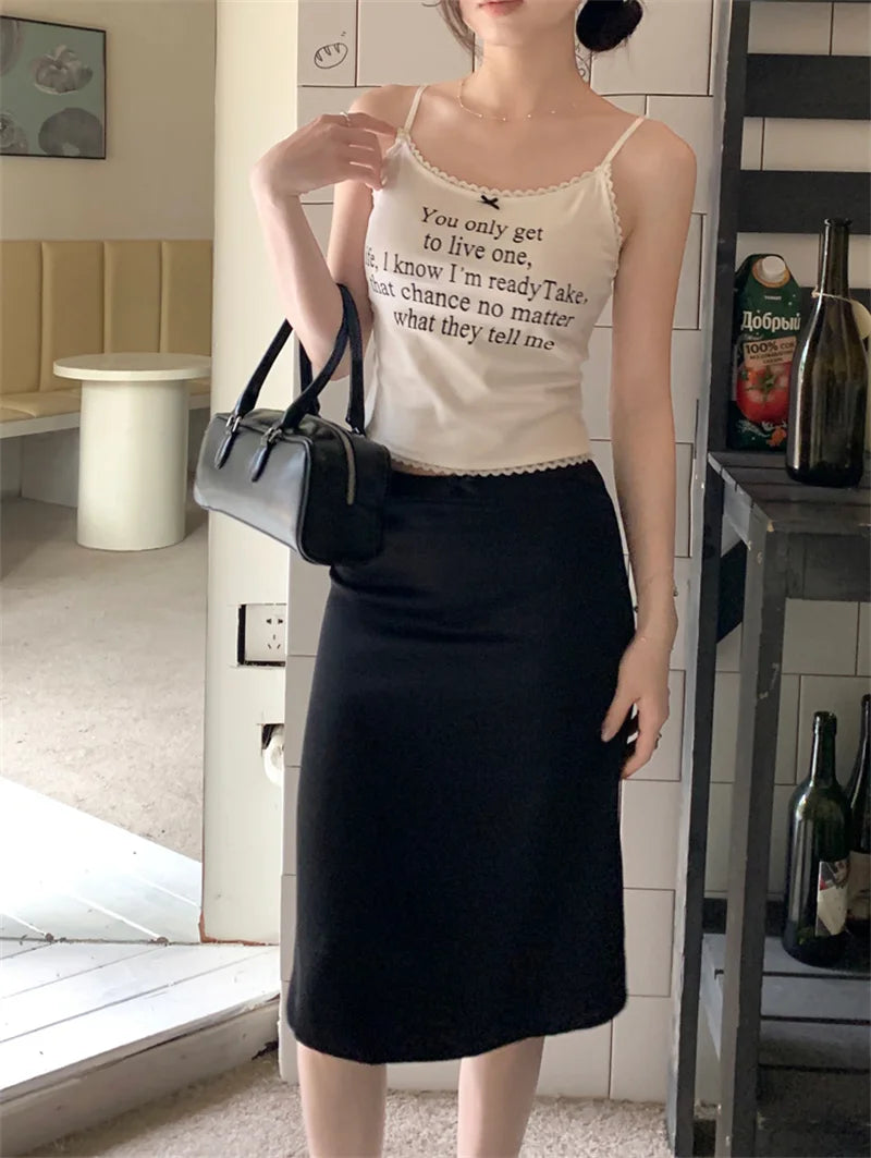 Solid Mermaid Skirts Women American Style Retro Bow Temperament Fashion High Street Slimming Casual All-match Daily Summer Cozy