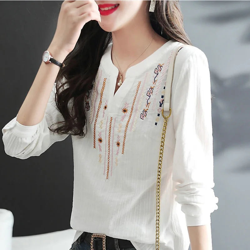 Women Spring Autumn White Blouses Tops Lady Casual Embroidery V-Neck Long Sleeve Vintage Loose Blusas Top DF4272