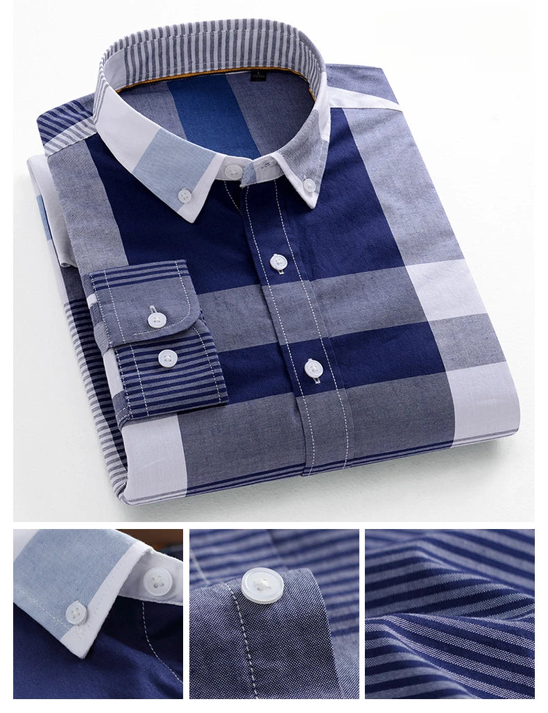Fashion korean trends casual long-sleeve shirts for men slim fit plain shirt 100%cotton plaid striped tops soft designer clothes
