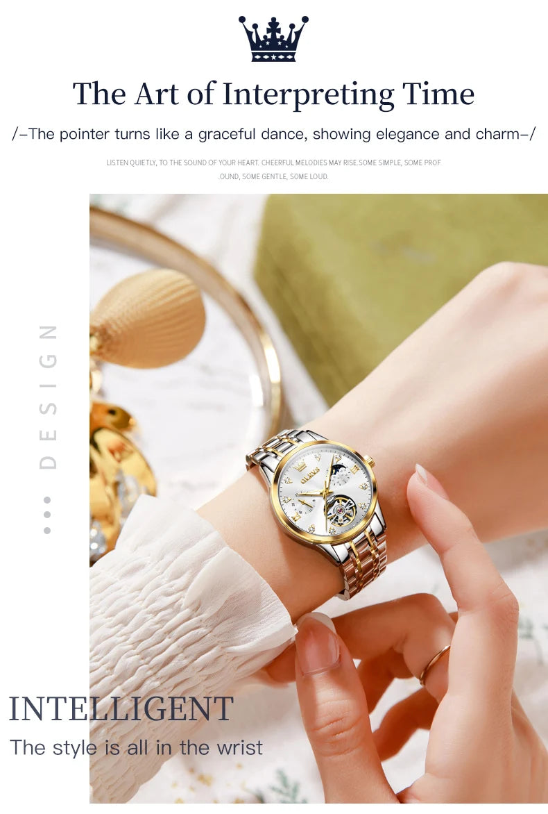 OLEVS 6608 Women Watch Original New Luxury Watch Stainless Steel Automatic Mechanical Diamond Scale Waterproof Watches For Women
