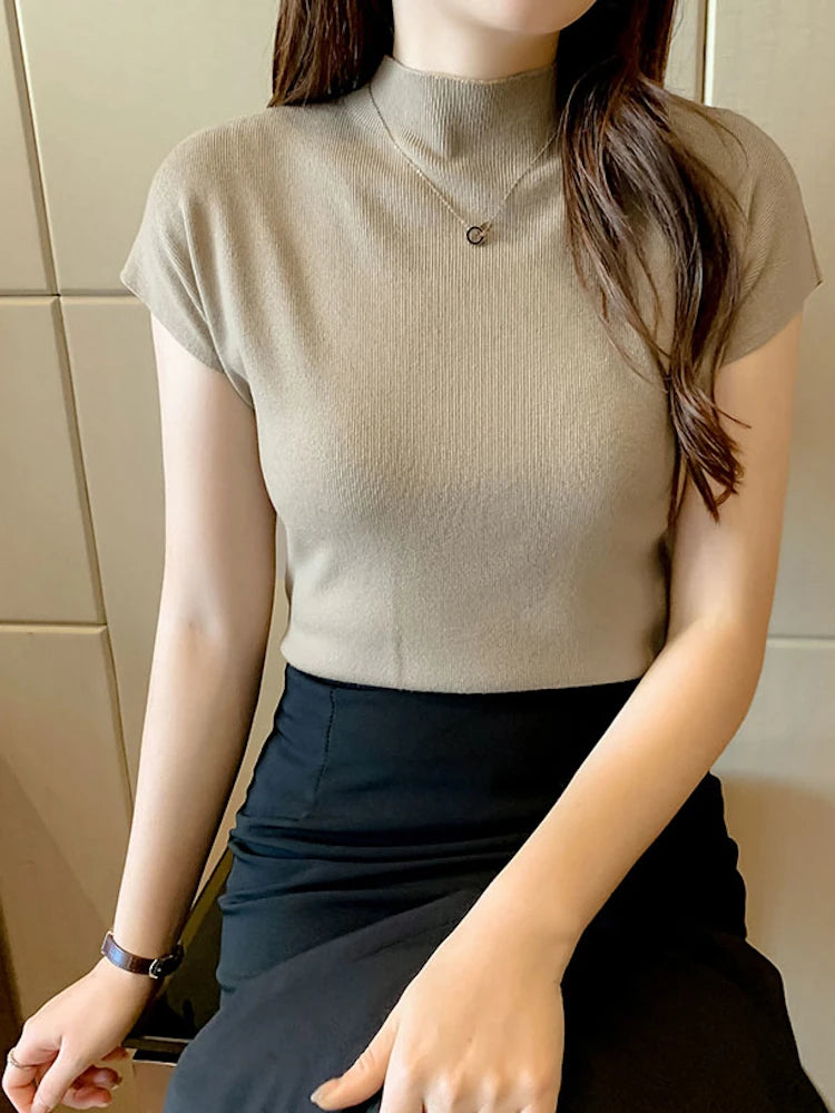 2026 Women Summer Knitted Turtleneck Sleeveless T-Shirts Tops Solid Slim Fit Pullovers Causal Tees Female Streetwear Basics Tees