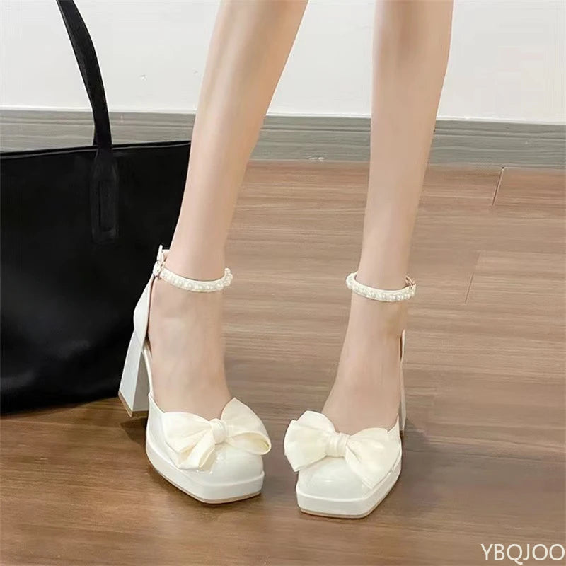 Ladies hollowed out high heels New Butterfly Knot Versatile Shoes Mary Jane anti slip shoes Fashion women's pumps Zapatos Mujer