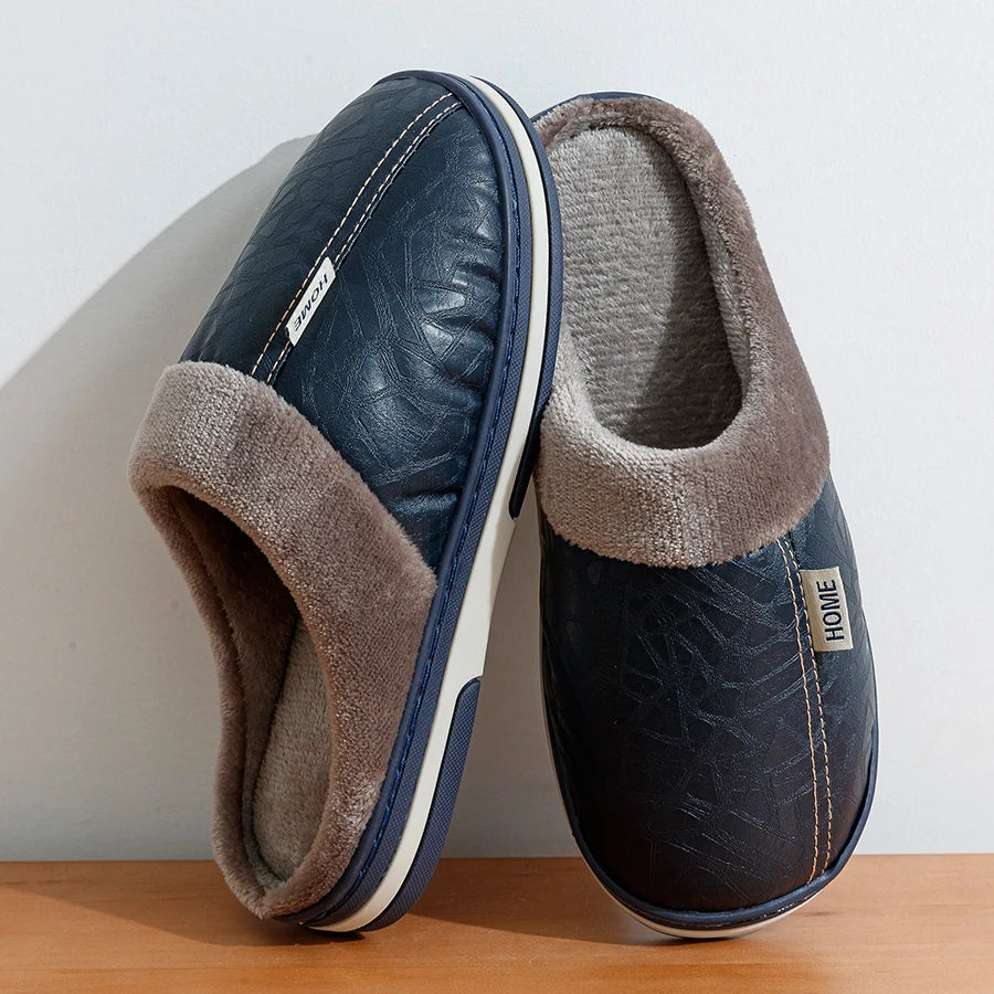 Big Size Men's slippers Winter Indoor Waterproof PU Leather Large Sizes Home Cotton shoes Fur Flat Cotton Bedroom Houseshoes
