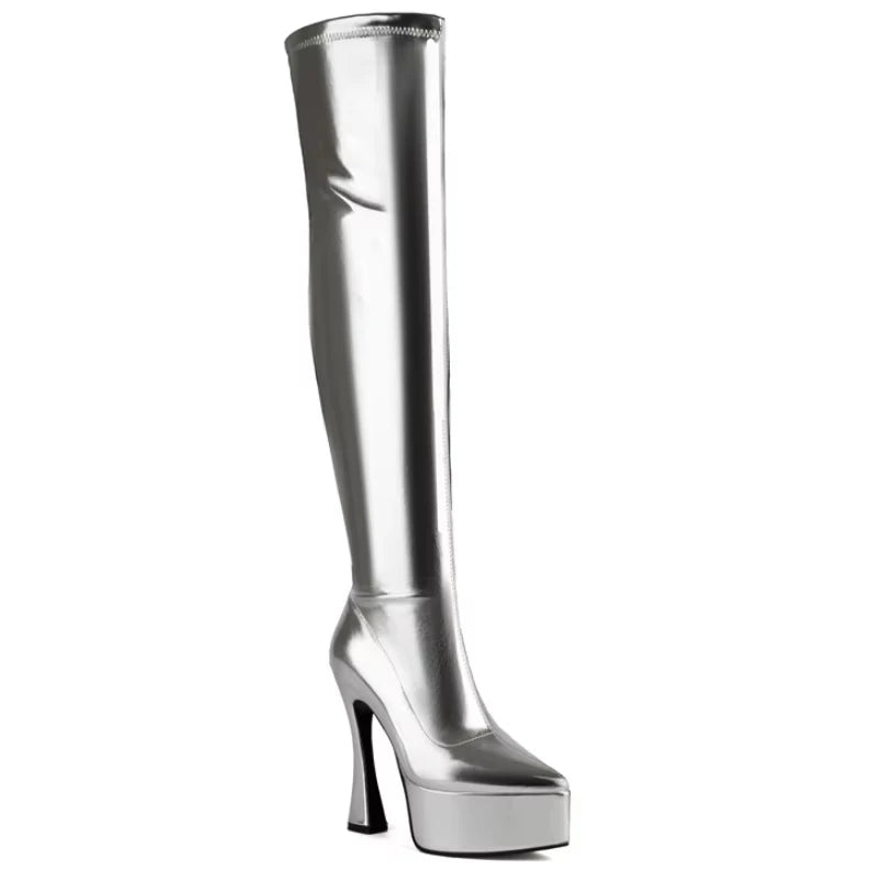 SGESVIER Super Thin High Heels Over-the-knee Boots for Women Chunky Golden Platform Shoes Pointed Toe Size 48 Trendy Party Boots
