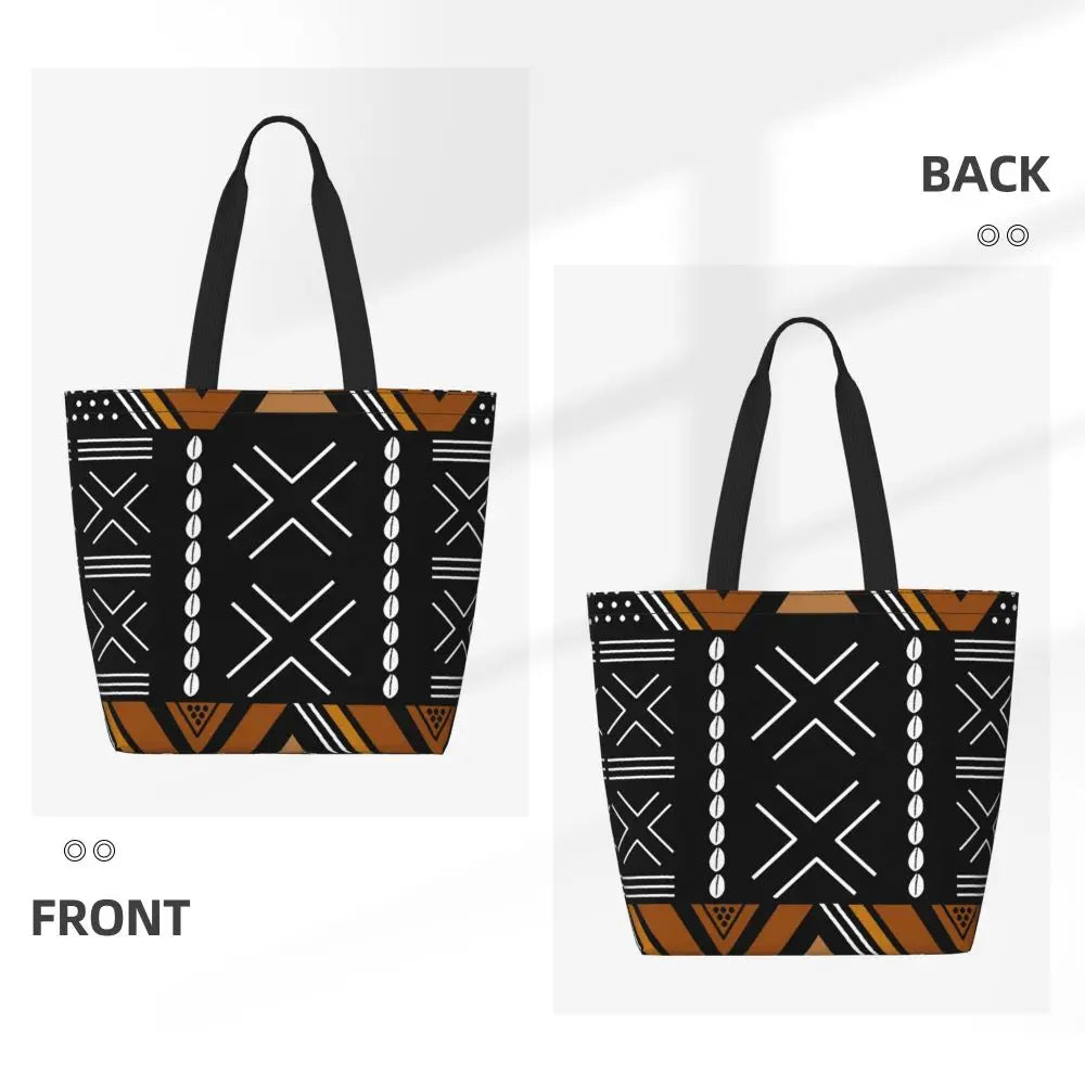 African Ankara Prints Grocery Shopping Tote Bags Women Geometric Ethnic Art Canvas Shoulder Shopper Bags Big Capacity Handbag