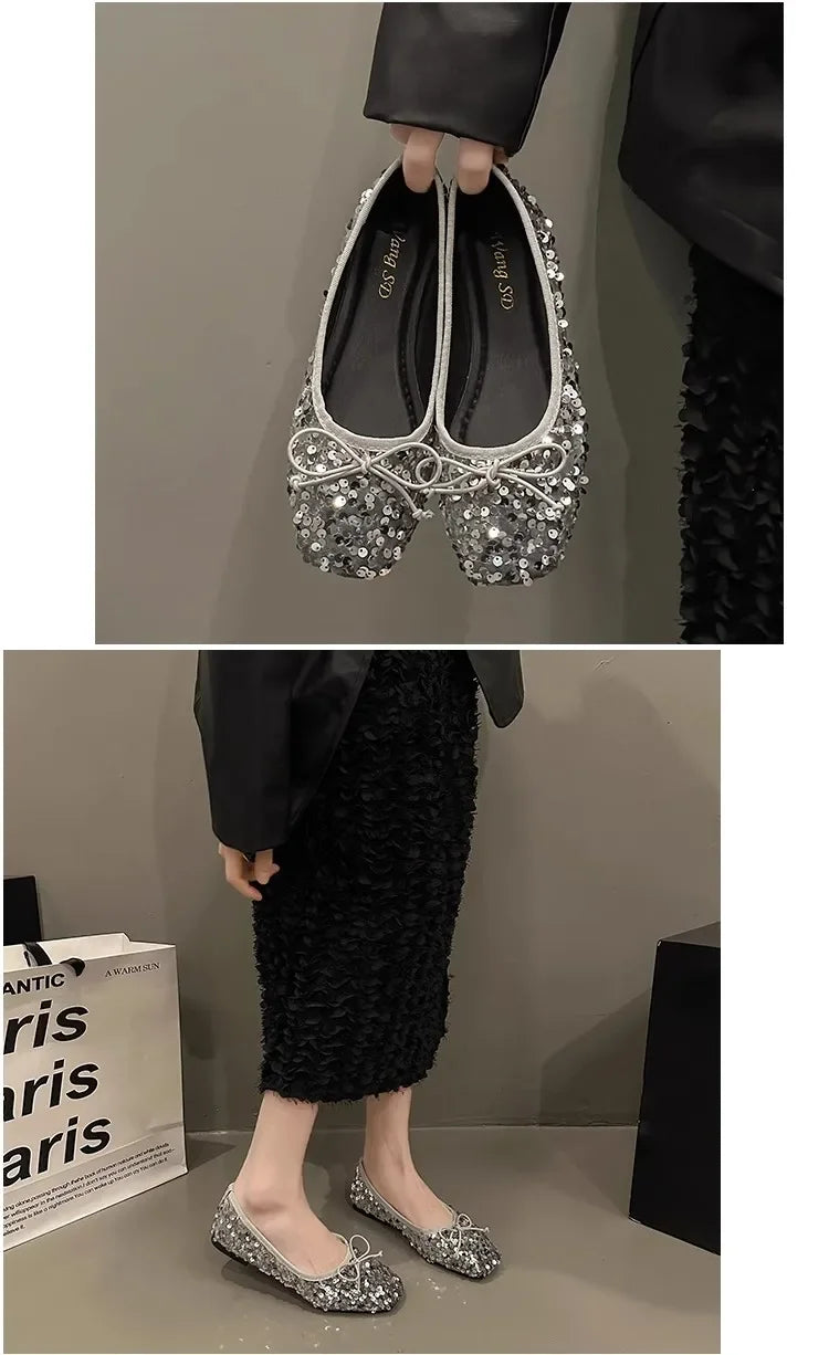 Shoes for Women 2026 New Sequin Design Women's Flat Shoes Soft Non-slip Ballet Shoe Women Work Shoes Comfortable for Work