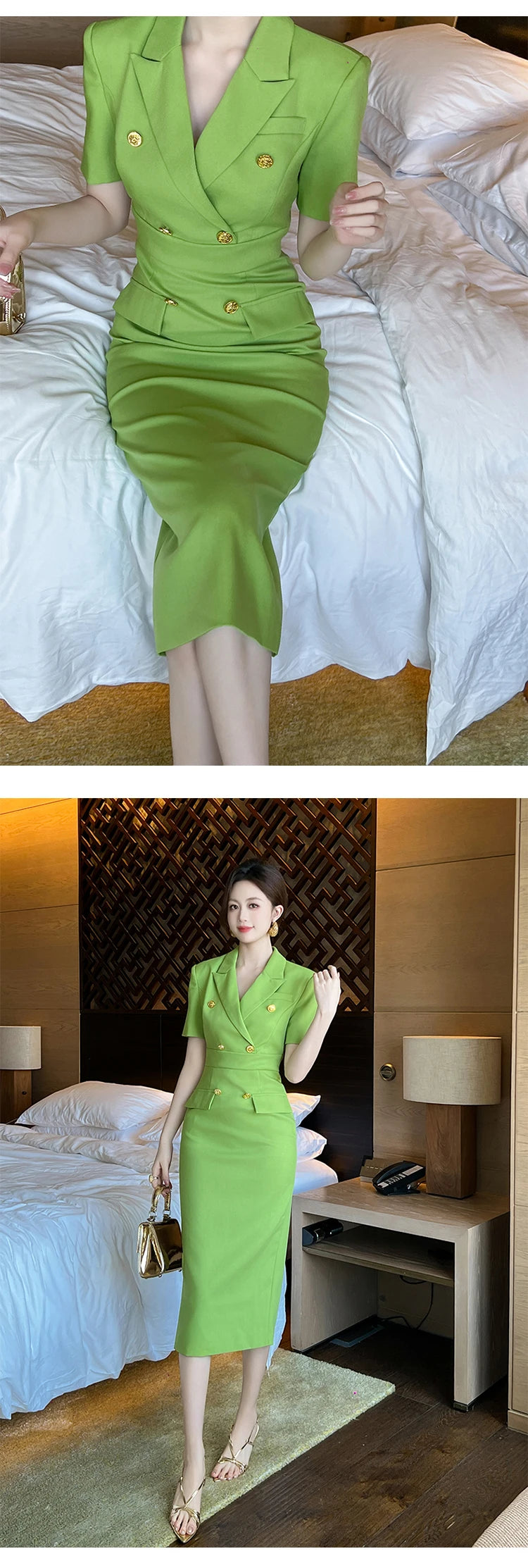 Elegant Office Lady Classic Business Formal Pencil Dress Women Clothes Blazer Commute Short Sleeve High Waist Slim Midi Vestidos