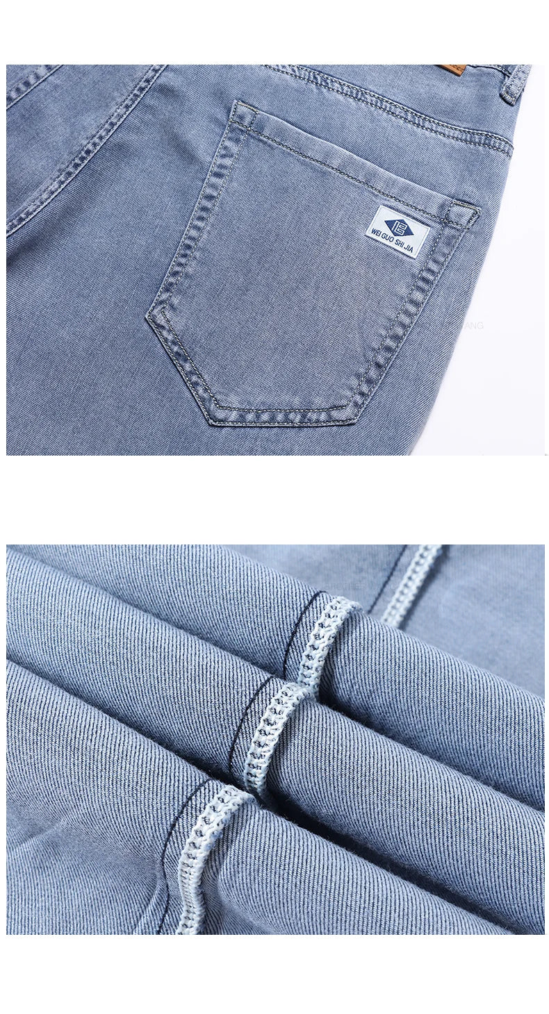 Lyocell Ice Silk Jeans Men's Summer Ultra-thin Loose Straight Denim Pants Soft Comfortable Brand Male Light Blue Trousers