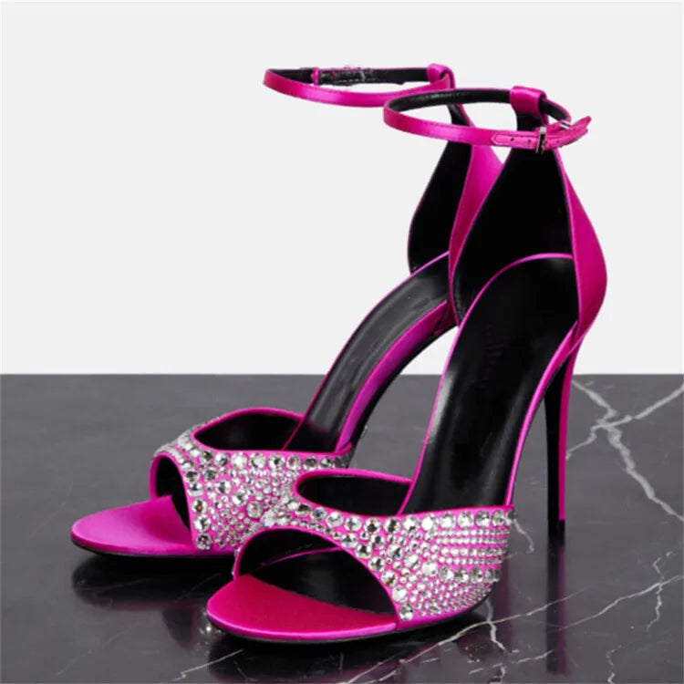 Summer 2023 Internet Celebrity Rhinestone Open Toed Sandals Fashion Round Toe Slim Heel Sandals Sexy Wrapped Party Sandals 35-43