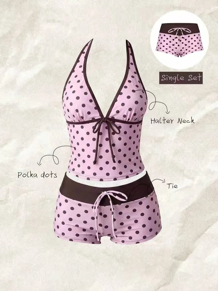 Summer Beach Swim Outfits Women Halter V-Neck 2-Piece Tankini Tie Camisole Top Slim Contrast Waistband Seaside Pool Suits