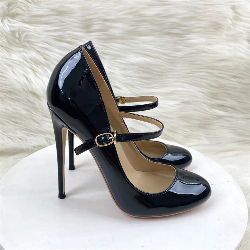 Round Toe Stiletto Shoes For Women Black Mary Jane Shoes 10CM 12CM Thin High Heels Spring Autumn Buckle Strap Fashion Sexy Pumps
