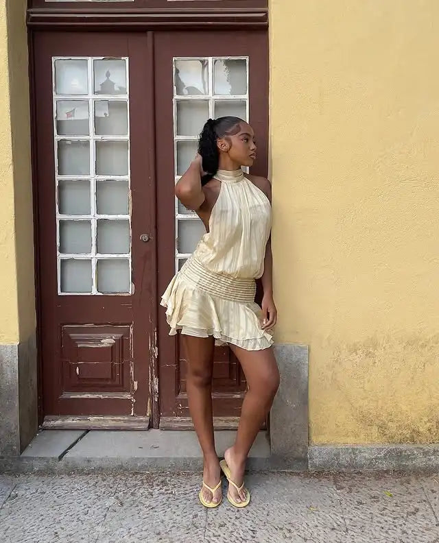 Stunning Shiny Ruffles Lace Up Mini Dress Women's Chic Loose Hollow Out A-line Pleated Vestidos 2026 New Lady Summer Party Gowns