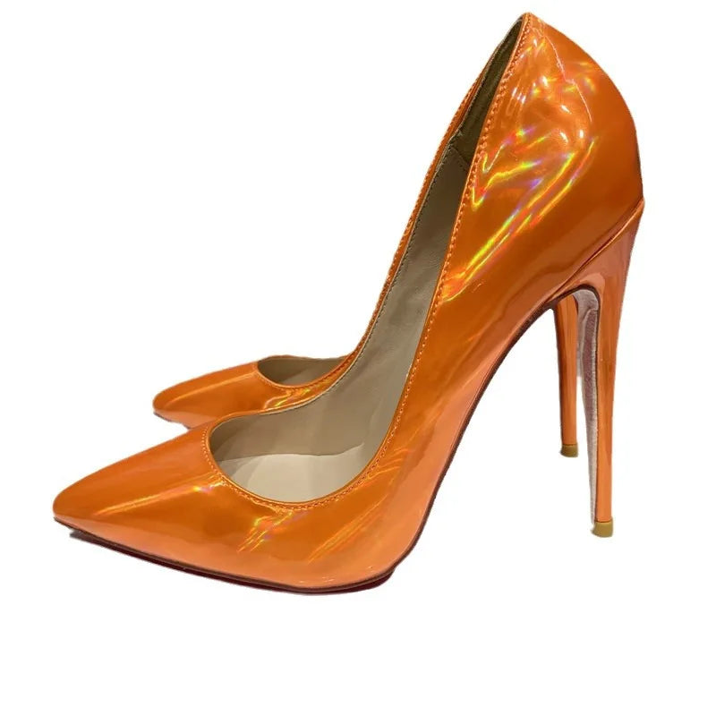 Orange Mirror High Heels 8CM 10CM 12CM Fashion Glossy  Holographic Women Shoes For Nightclub Club Party Size 45 Thin Heel Pumps