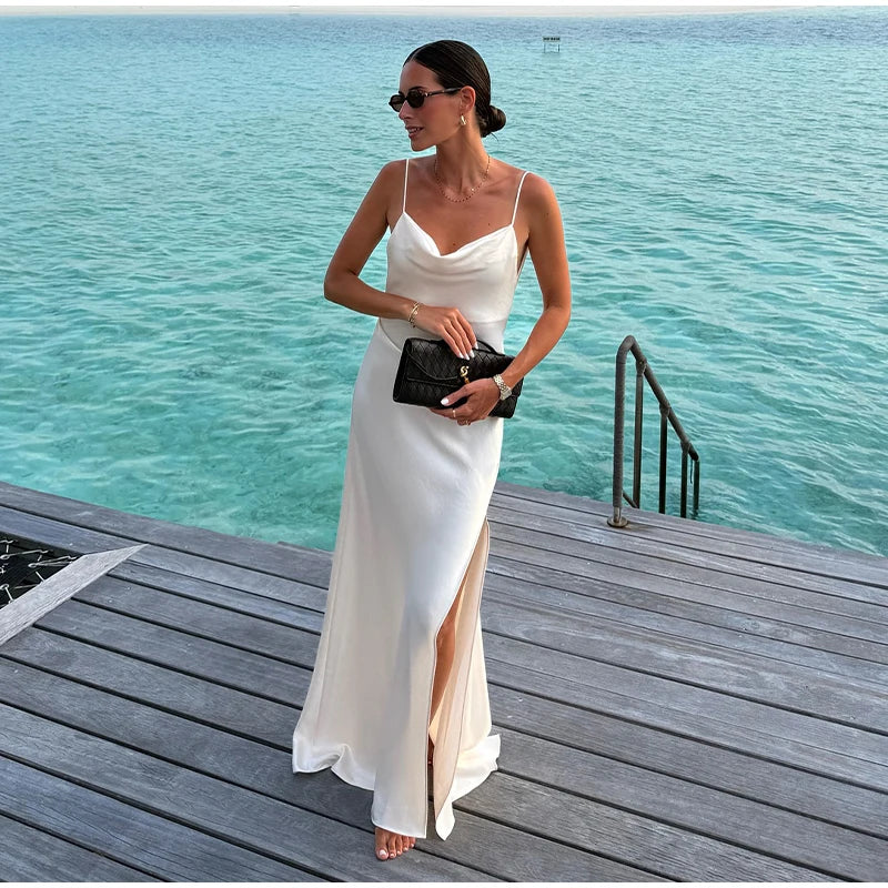 Sexy Backless Satin Women's Summer Dress V-neck Sleeveless Backless Slit Beach Sling Sundress 2026 Lady Chic Evening Party Robes