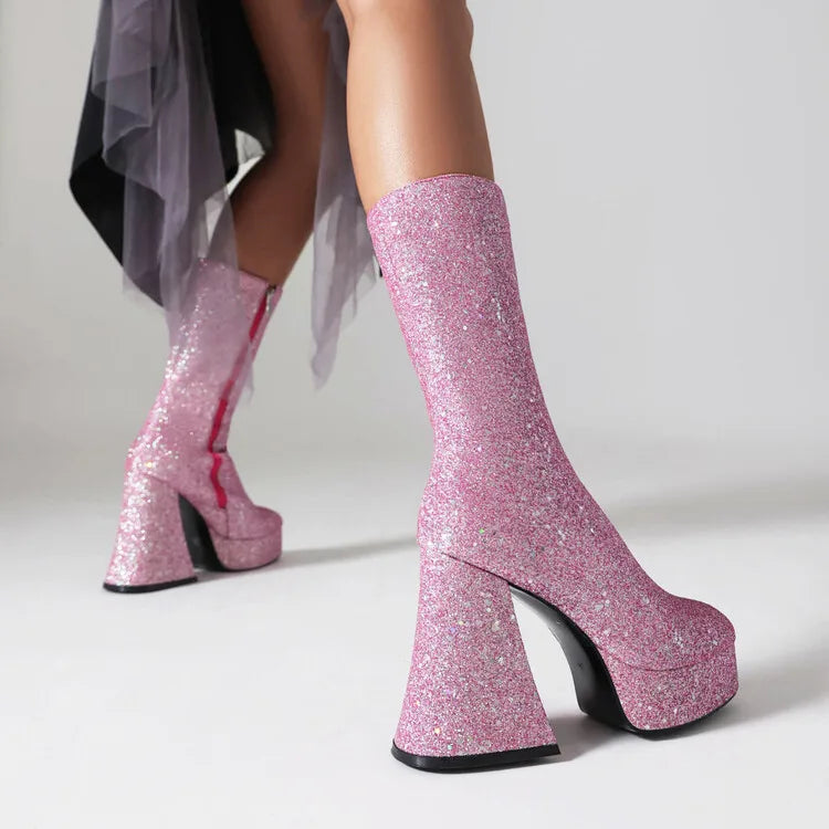Ochanmeb Women Gold Sequins Boots Platforms Super High Chunky Heels Pink Mid-Calf Boots Gothic Zipper Woman Silver Glitter Shoes