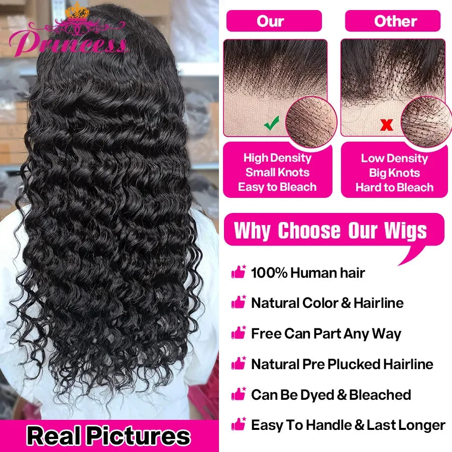 Princess Hair 13x4 Deep Wave Lace Front Wigs Human Hair Pre Plucked HD Transparent Lace Frontal Wigs Human Hair for Black Women
