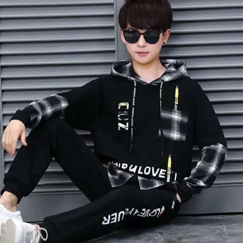 Sports Suits Jogging Male T Shirt Alphabet Pants Sets Hooded Clothes for Men Plaid Top Stylish Tracksuit Original Brands Cool S