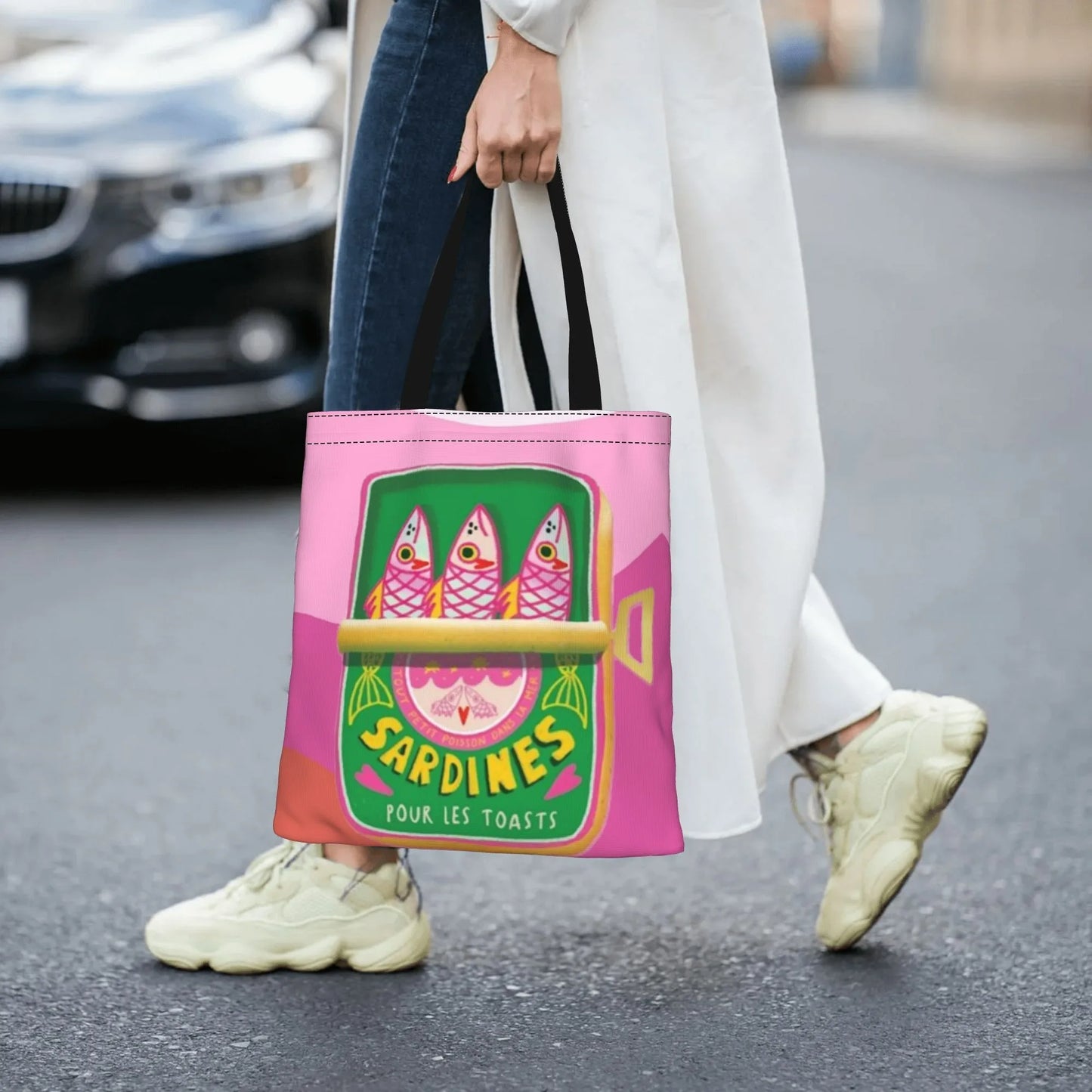 Women's Sardines in Pure Olive Oil Tote Bag Reusable Shopping Bag with Shoulder Straps Vibrant Pink & Red Fish Print Grocery Bag