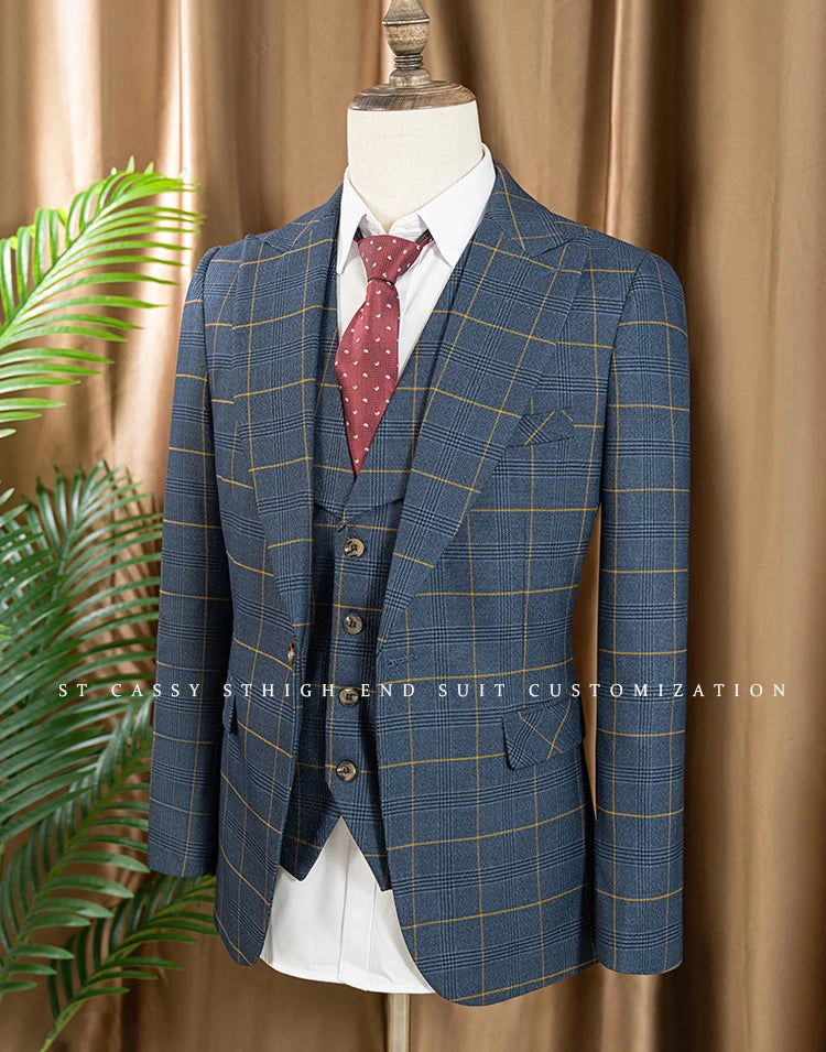 ST Cassy high quality 3 Piece Checkered Suit Set Men Stylish Business Office Wedding Formal Outfit full Elegant man suit