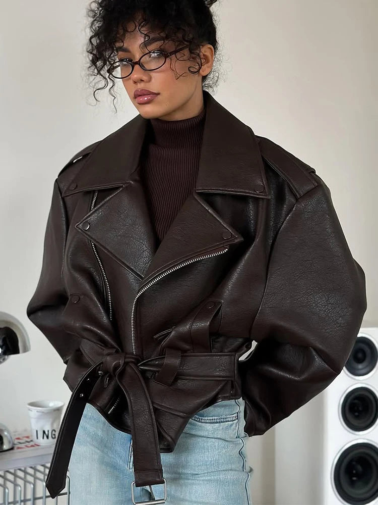 Casual Dark Red  Zipper Leather Short Jackets Women Long Sleeve Lace Up Lapel Loose Button Coat Lady Daily High Street Wear 2026