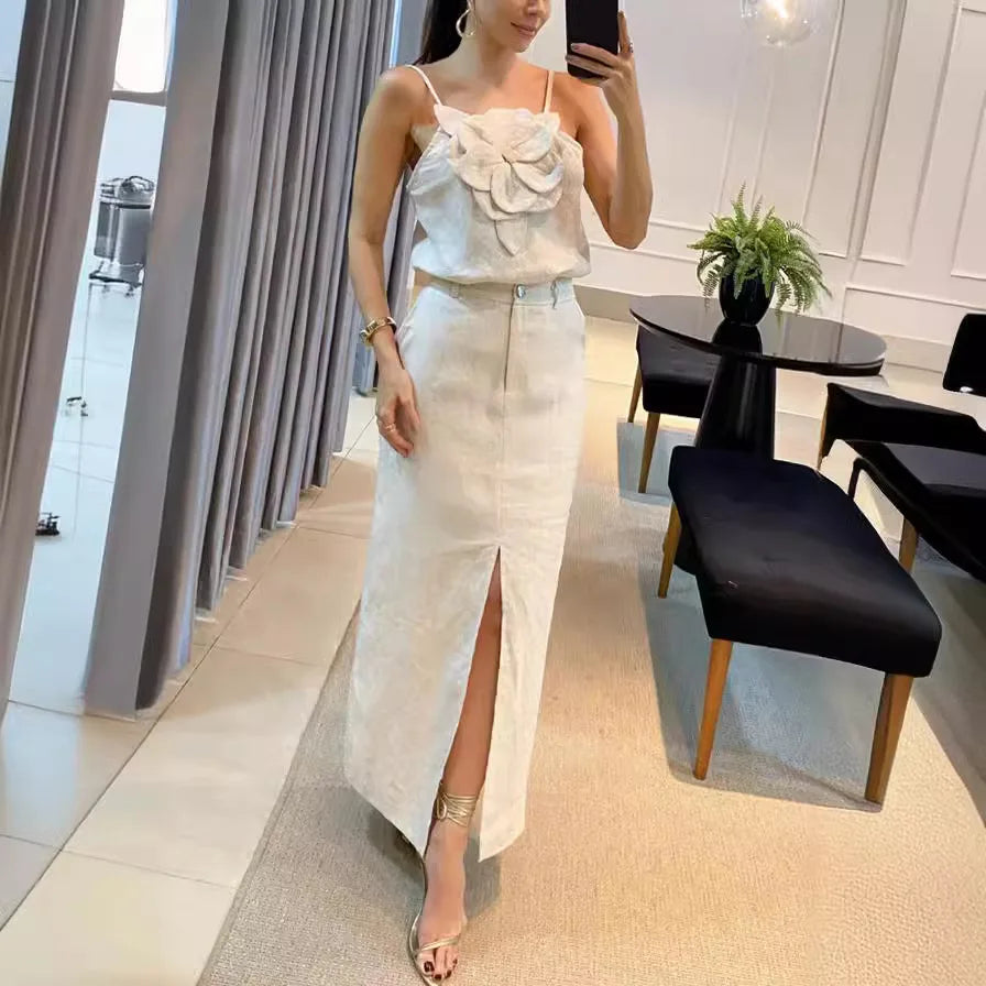 2024 Summer Fashion New 3D Flower Hanging Strap Top Pocket Half Skirt Temperament Cotton and Hemp Women's Two Piece Set