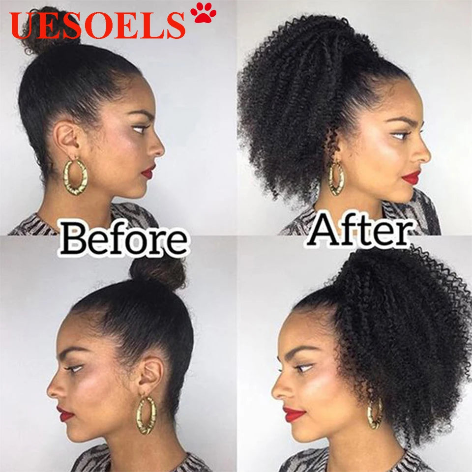 16A Curly Ponytail Extensions Deep Wave Drawstring Ponytail For Women Human Hair With Clip In Thick Ponytail Hair Natural #1B