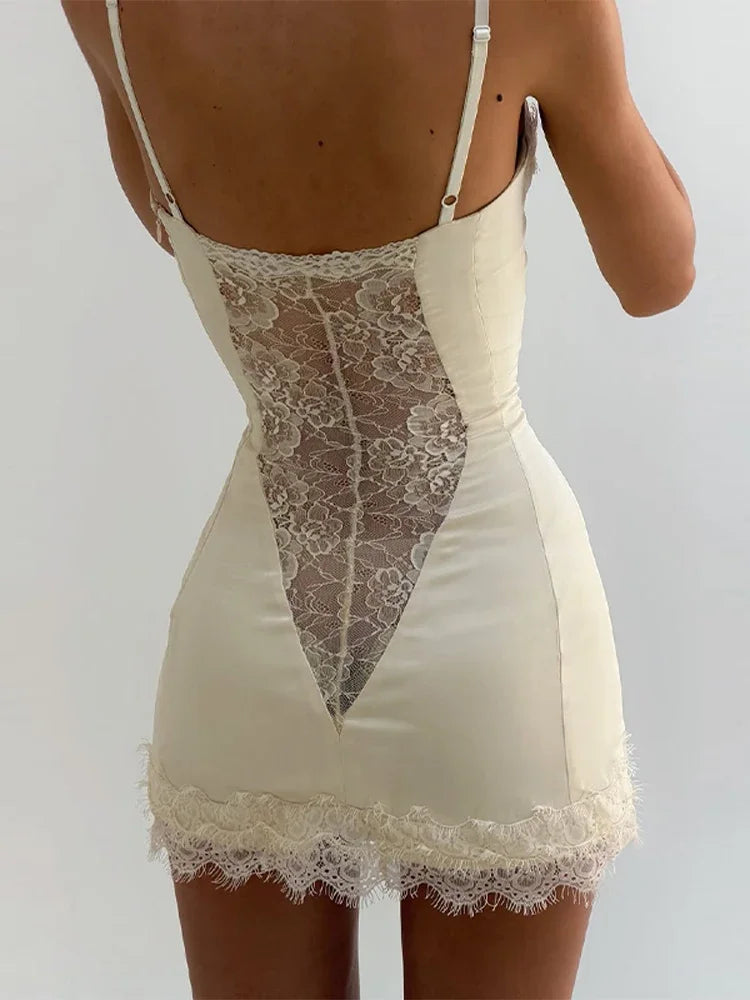 Women White Lace Trim Corset Mini Dress Sexy Sweetheart Neck Spaghetti Strap Slit Hem 2026 Summer Leisure Nightclub Party Wear