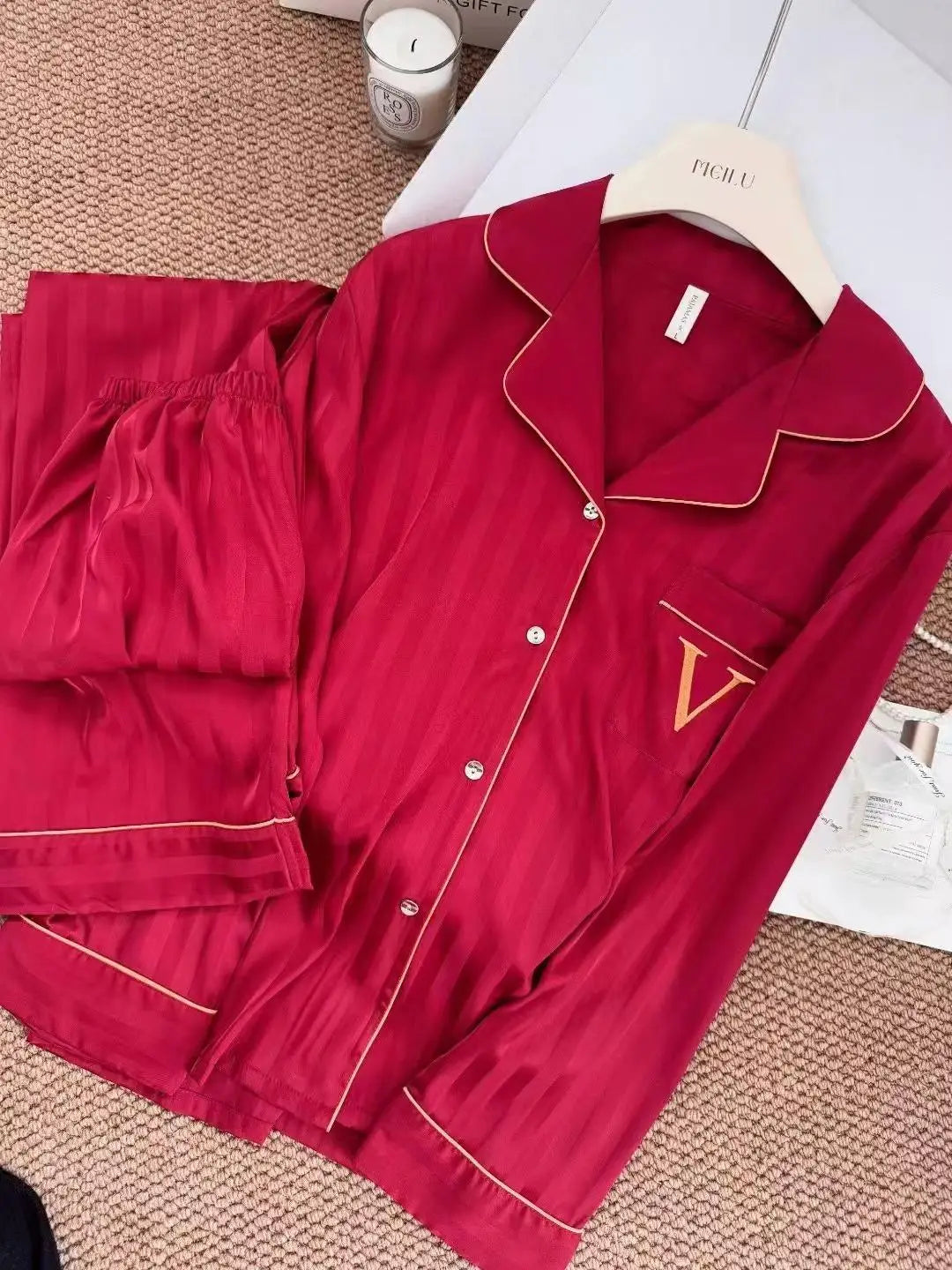 Silky Satin Pajama For Women Striped 2PCS Sleep Set Homewear 2025 Spring New Long Sleeve Trouser Suits Loungewear Nightwear