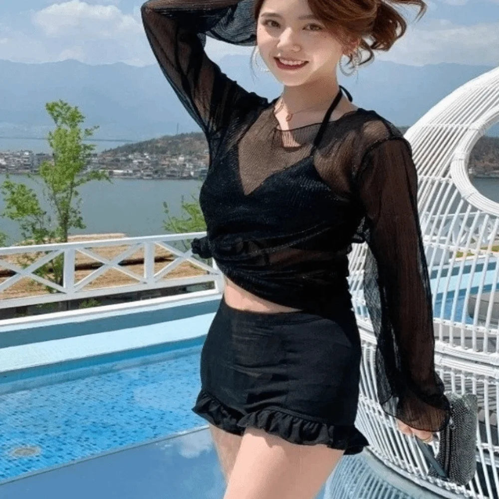 Trendy Beachwear Ruffles Bikini Set Transparent Pullover Slim Fit Swimming Suit Lace-up Sun Protection Bathing Suit For Women