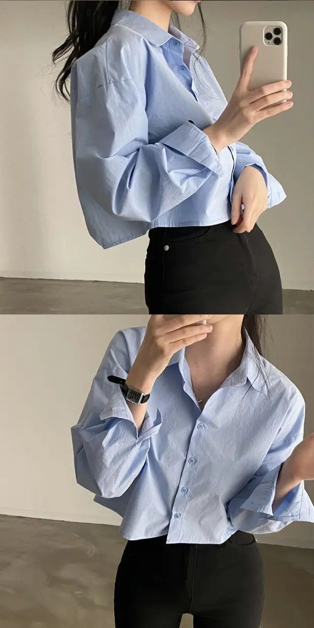 Zadily White Casual Long Sleeve Crop Top Blouse Korea Style Women Spring 2023