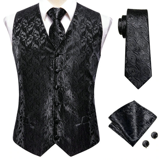 Men's Black Dress Vest Set with Tie Pocket Square Cufflinks - Jacquard Formal Tuxedo Waistcoat Suit Wedding Business Party